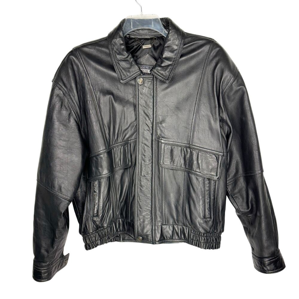 Vintage Members‎ Only Black Leather 90s Retro Cargo Quilted Lined Jacket Sz XL